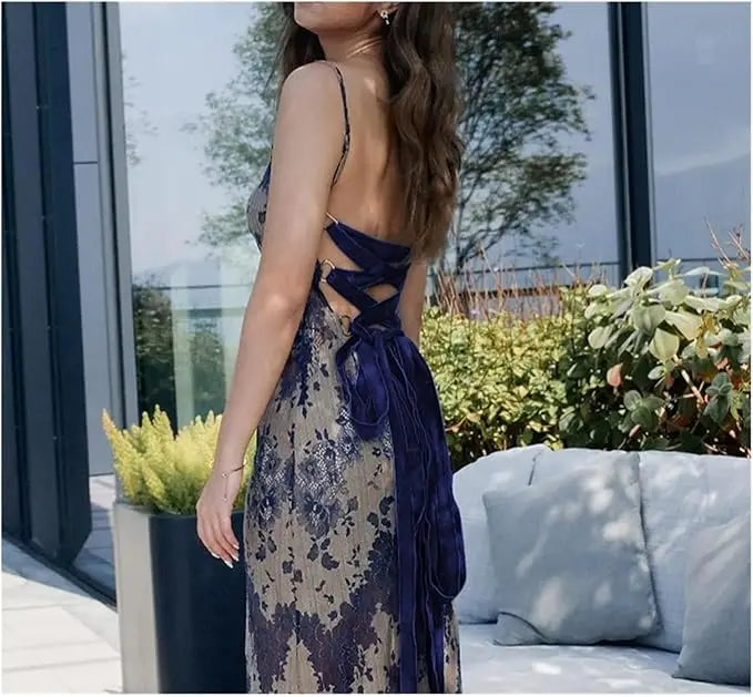Women's Fashion Dyeing Printed Splicing U-neck Dress - Hollow Back Suspender Temperament Style Long Maxi Dress for Party Evening