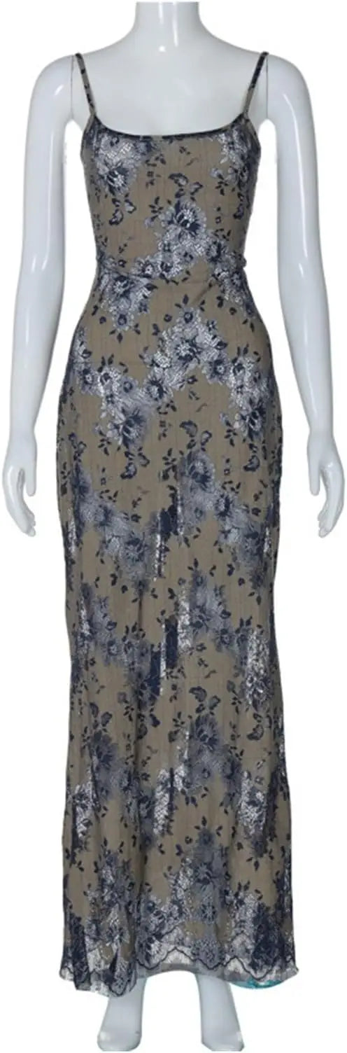 Women's Fashion Dyeing Printed Splicing U-neck Dress - Hollow Back Suspender Temperament Style Long Maxi Dress for Party Evening