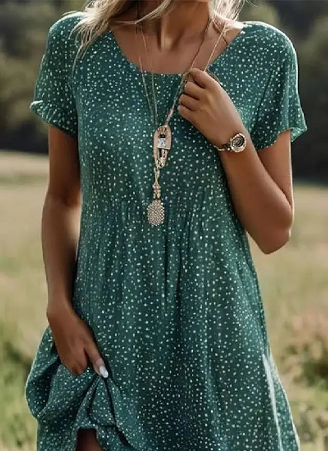Women's Chic Green Polka Dot Printed Mini Dress Classic Round Neck Short Sleeve Loose Spring Summer Casual Dress