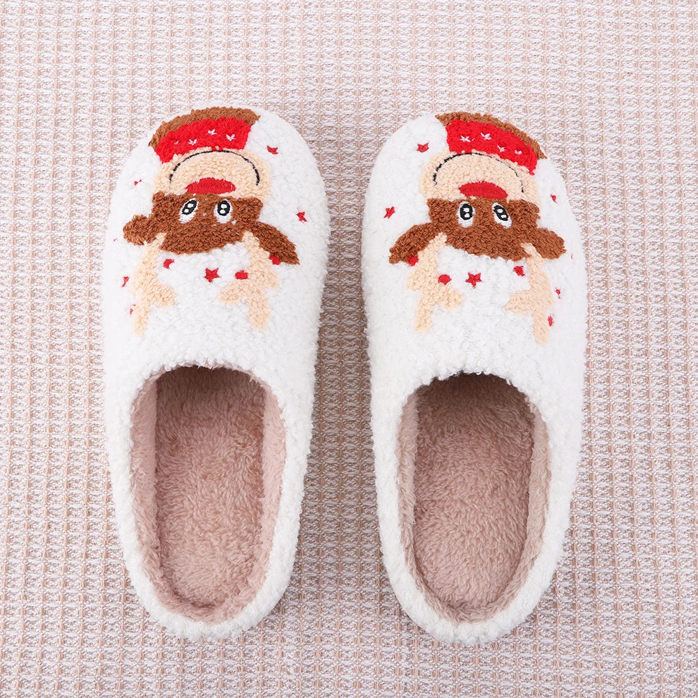 Christmas Elk Plush Slippers Comfortable Flat Thermal Slippers Anti Slip Fluffy Home Slippers Soft Couple Slippers for Men Women