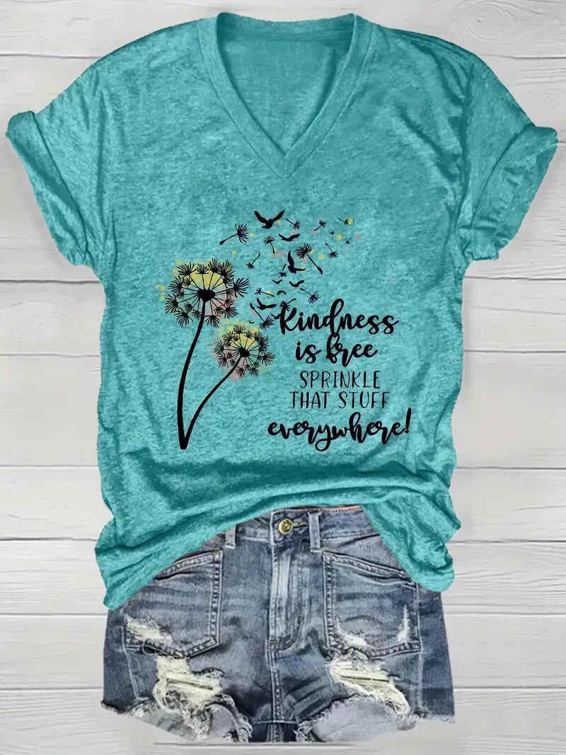 Summer Outdoor Women's T-Shirt Casual V-Neck Short Sleeve Tops Floral Butterfly Print Street Fashion Female Oversize Clothing