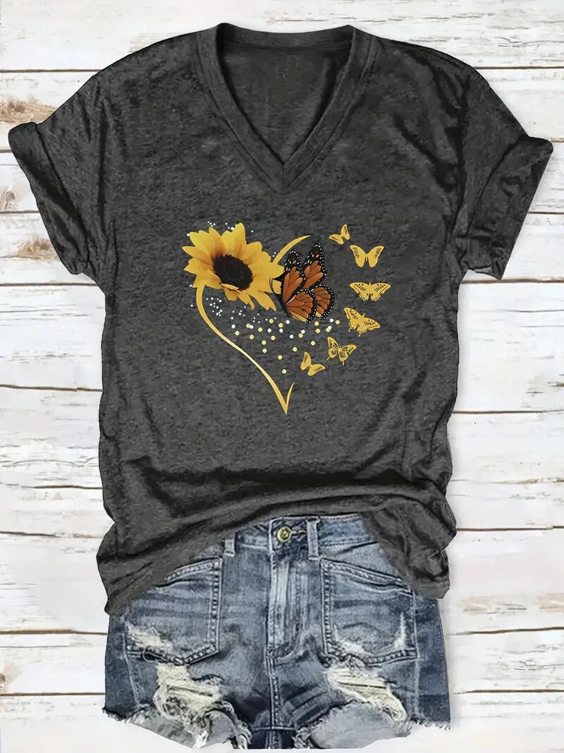 Summer Outdoor Women's T-Shirt Casual V-Neck Short Sleeve Tops Floral Butterfly Print Street Fashion Female Oversize Clothing