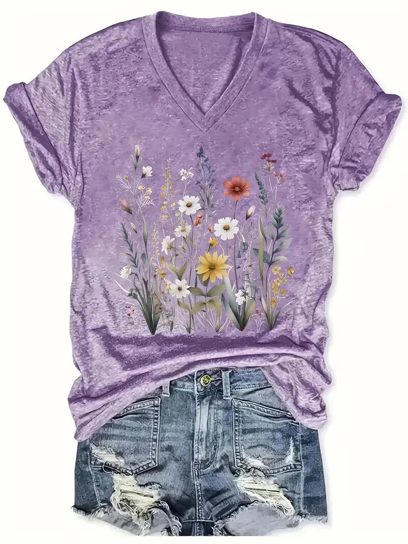 Summer Outdoor Women's T-Shirt Casual V-Neck Short Sleeve Tops Floral Butterfly Print Street Fashion Female Oversize Clothing