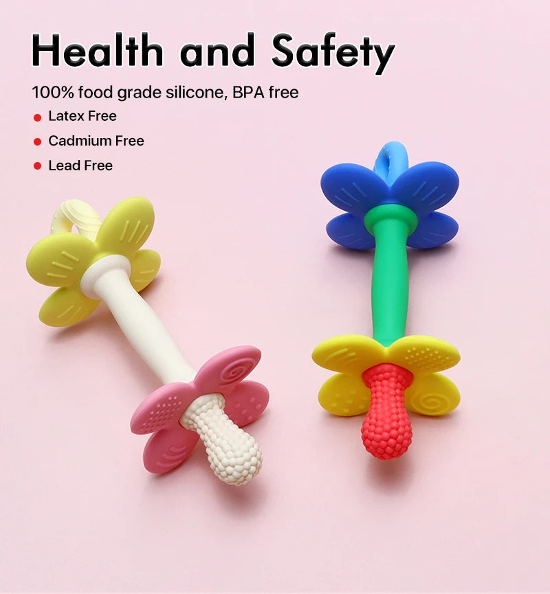 New 2 in 1 Baby Silicone Flower Teether - Safe & Soft Chewing Toy for Soothing Sore Gums, BPA-Free, Easy-to-Hold Teething toy