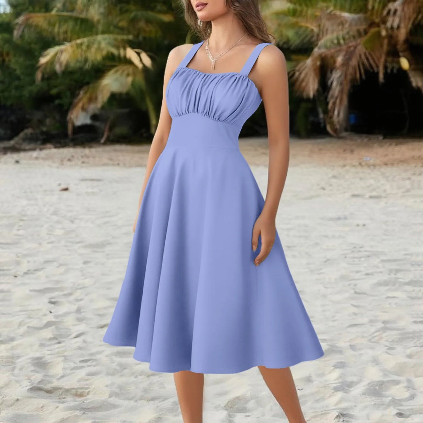 New Women'S Vintage Sleeveless Pleated Patchwork Cute A-Line Hem Solid Dresses Vestidos Mujer Veranoa 2025 Women Clothing