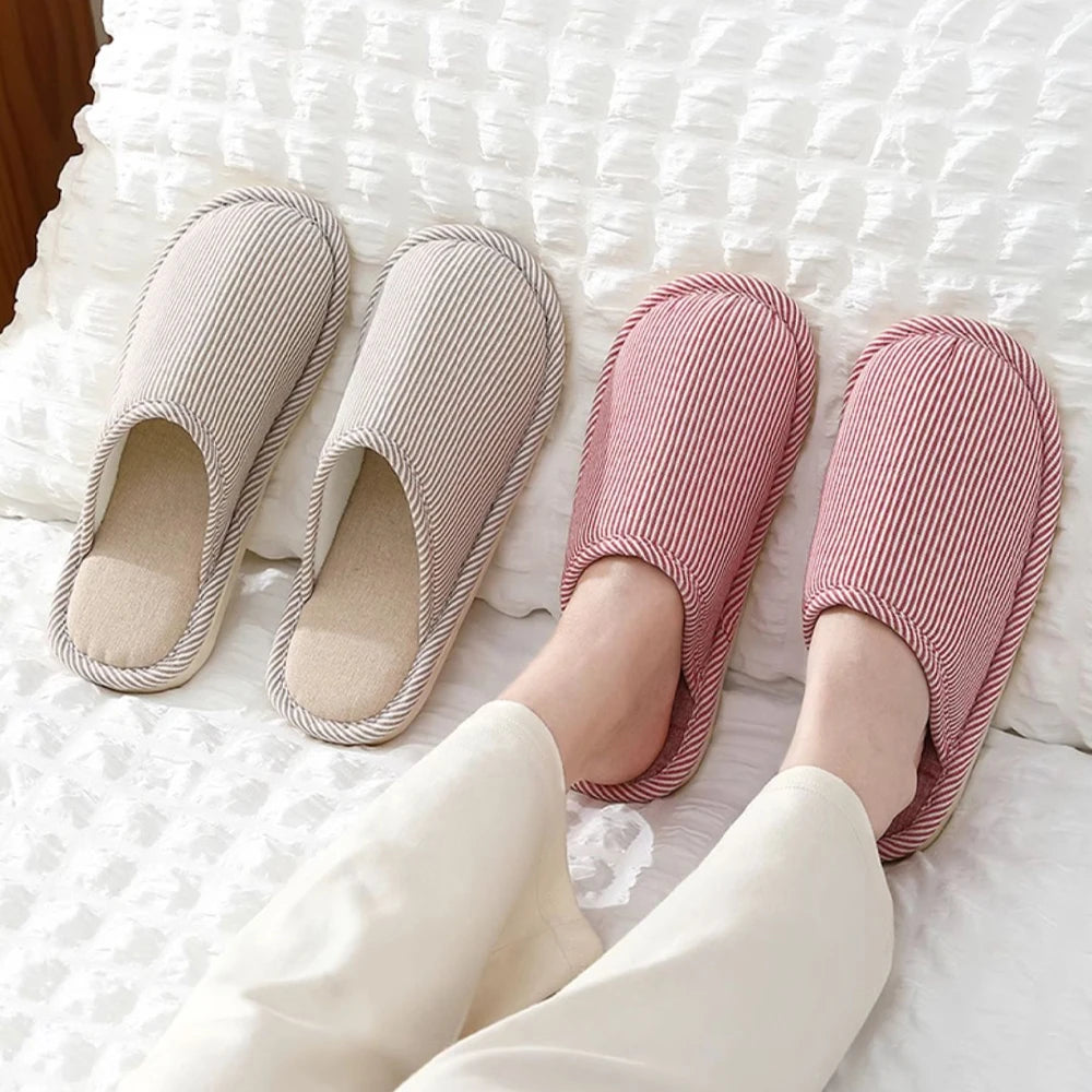 ZHIDA Spring and Autumn Cotton Slippers Indoor Slippers Warm Plush Home Shoes Linen Non-slip Mute Flats Couple House Slides