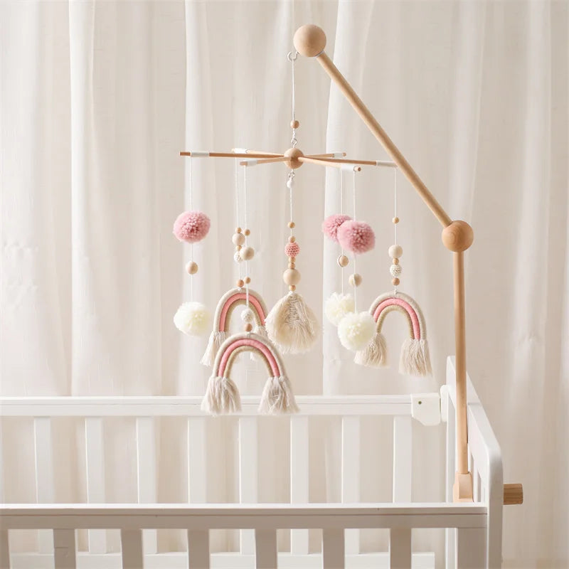 Baby Rattle Wooden Crib Mobile Bed Bell Toys Soft Felt Forest Animal Doll Toy Kid Stroller Comfort Crib Hanging Bracket Toy Gift