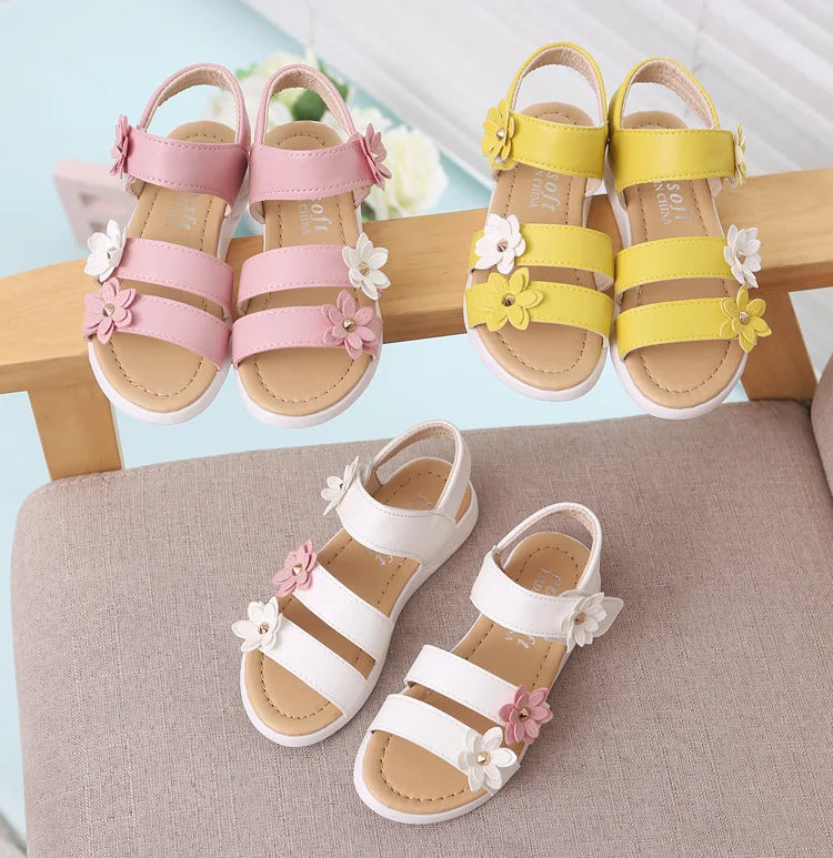2024 Summer New Girls Sandals Kids Floral Sandals with 3 Flowers Princess Sweet for Wedding Party Dress Shoes Kids Sandals 21-36