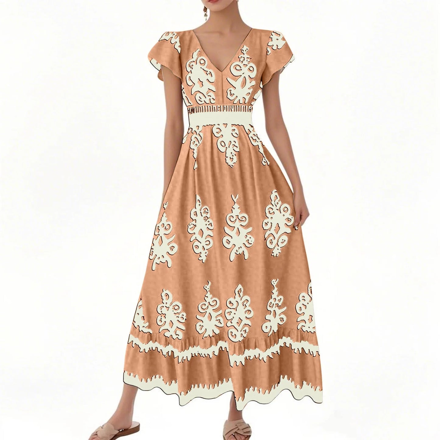 Fashion Sleeveless Maxi Boho Dress Women 2025 Summer Print Waist Bohemian Elegant Short Sleeve Dresses For Women Robe Femme