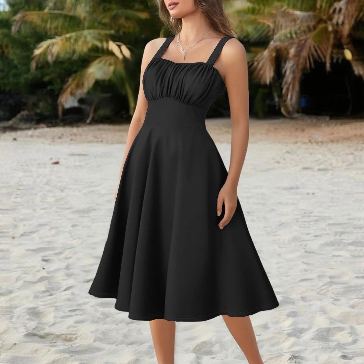 New Women'S Vintage Sleeveless Pleated Patchwork Cute A-Line Hem Solid Dresses Vestidos Mujer Veranoa 2025 Women Clothing