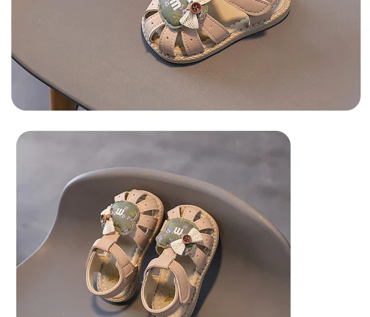 Baby Walking Shoes with Cute Bears Kids Sandals Non-slip T-strap 2025 Summer New Baby Girls Beach Shoes Soft Sole Size 16-20