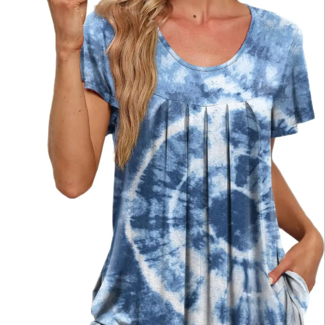 Plus Size Women's Loose Casual Women's Front Pleated Loose Printed Short Sleeve Pajamas Home Dress (With Hand Pockets)