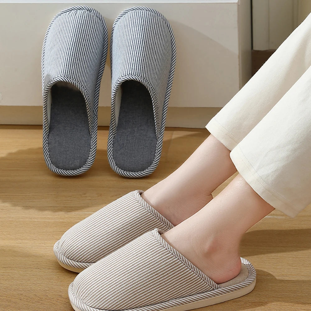 ZHIDA Spring and Autumn Cotton Slippers Indoor Slippers Warm Plush Home Shoes Linen Non-slip Mute Flats Couple House Slides