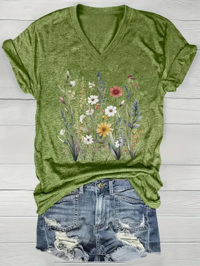 Summer Outdoor Women's T-Shirt Casual V-Neck Short Sleeve Tops Floral Butterfly Print Street Fashion Female Oversize Clothing