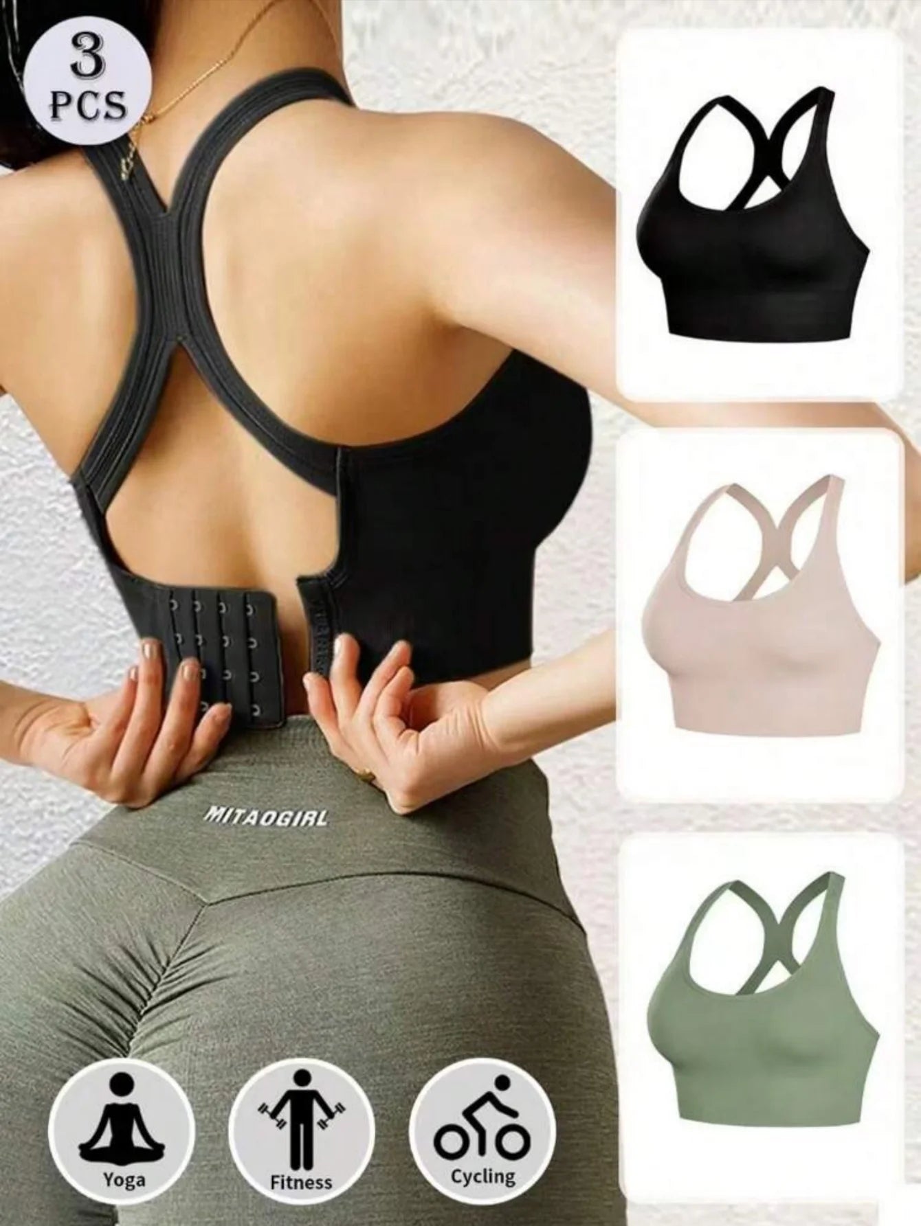 3-piece seamless sports bra with shock-absorbing and push up functions, perfect for running, yoga, and exercise, beautifying the