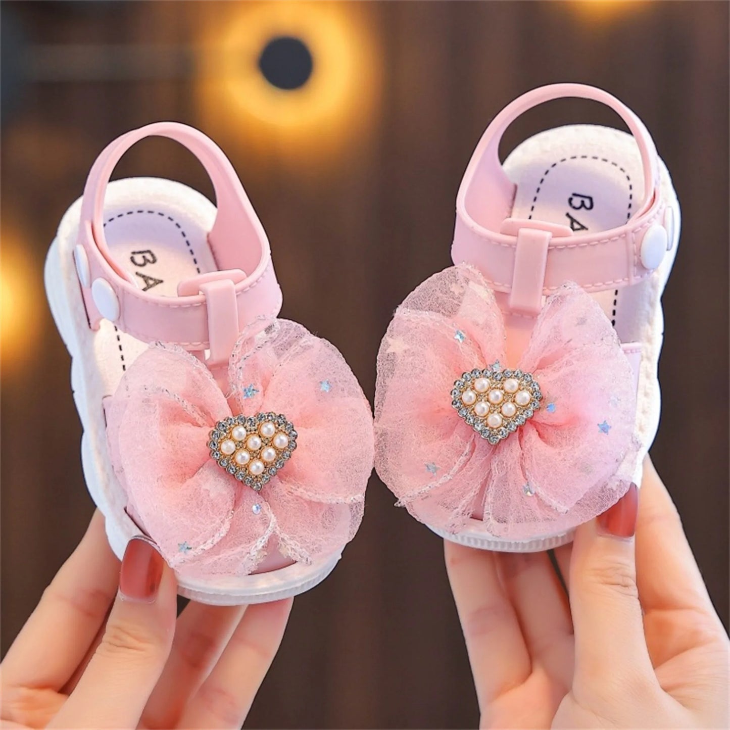 Toddler Girl Sparkle Glitter Bowknot Sandals with Rhinestone Pearl Heart Detail Soft Sole Non-Slip Closed Toe Walking Shoes