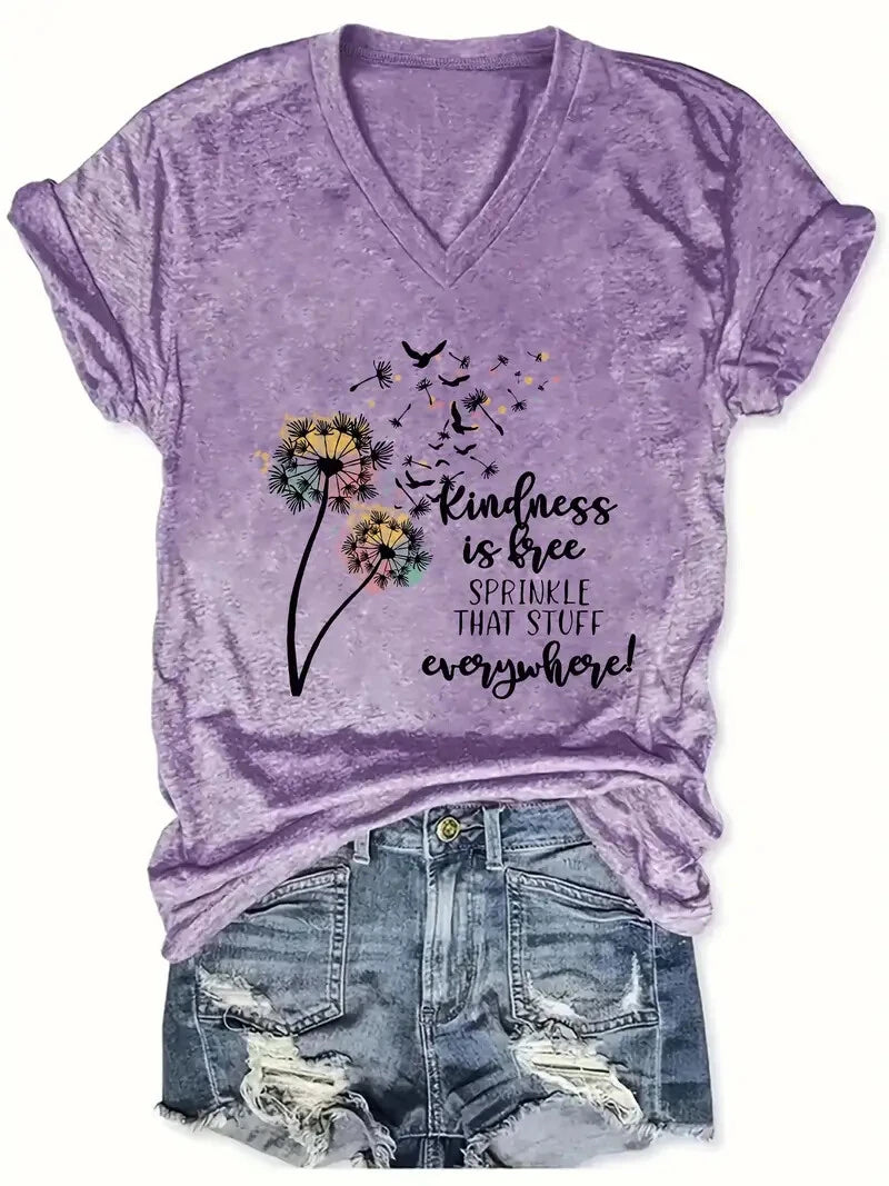 Summer Outdoor Women's T-Shirt Casual V-Neck Short Sleeve Tops Floral Butterfly Print Street Fashion Female Oversize Clothing