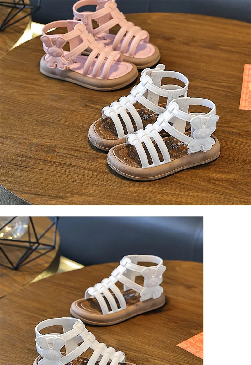 2025 New Children Sandals Girls Kids Roman Sandal Summer Soft Flat Heels High-top Beach Princess Fashion Cartoon Shoes Side Zip