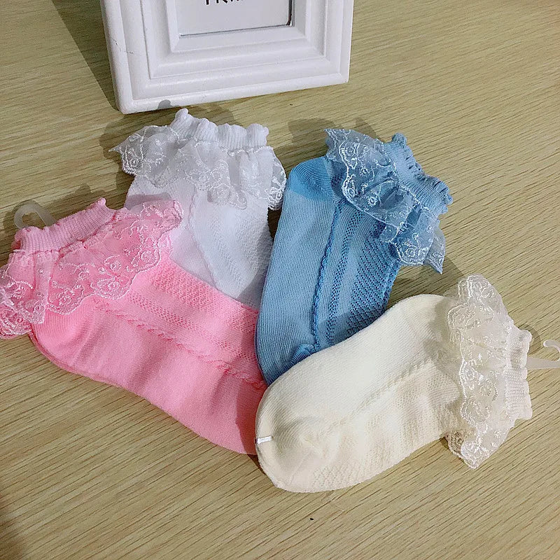 Mesh Socks Breathable Cotton Lace with Ruffle Princess Children Ankle Short Sock White Pink Yellow for Baby Girls Kids Toddler