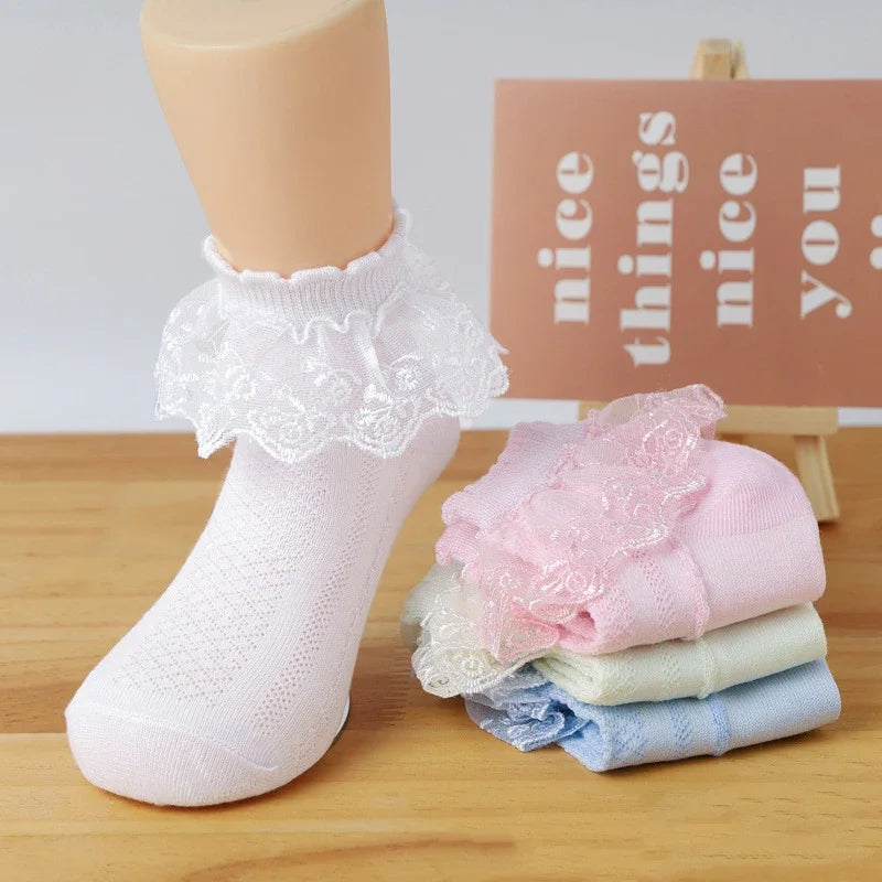 Mesh Socks Breathable Cotton Lace with Ruffle Princess Children Ankle Short Sock White Pink Yellow for Baby Girls Kids Toddler