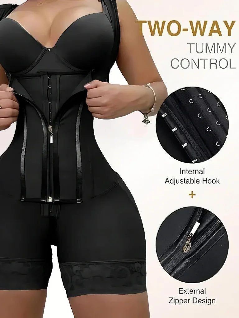 Women's Lace-Trimmed Shapewear Bodysuit - Tummy Control Corset with Adjustable Straps & Zipper, Black, Comfortable