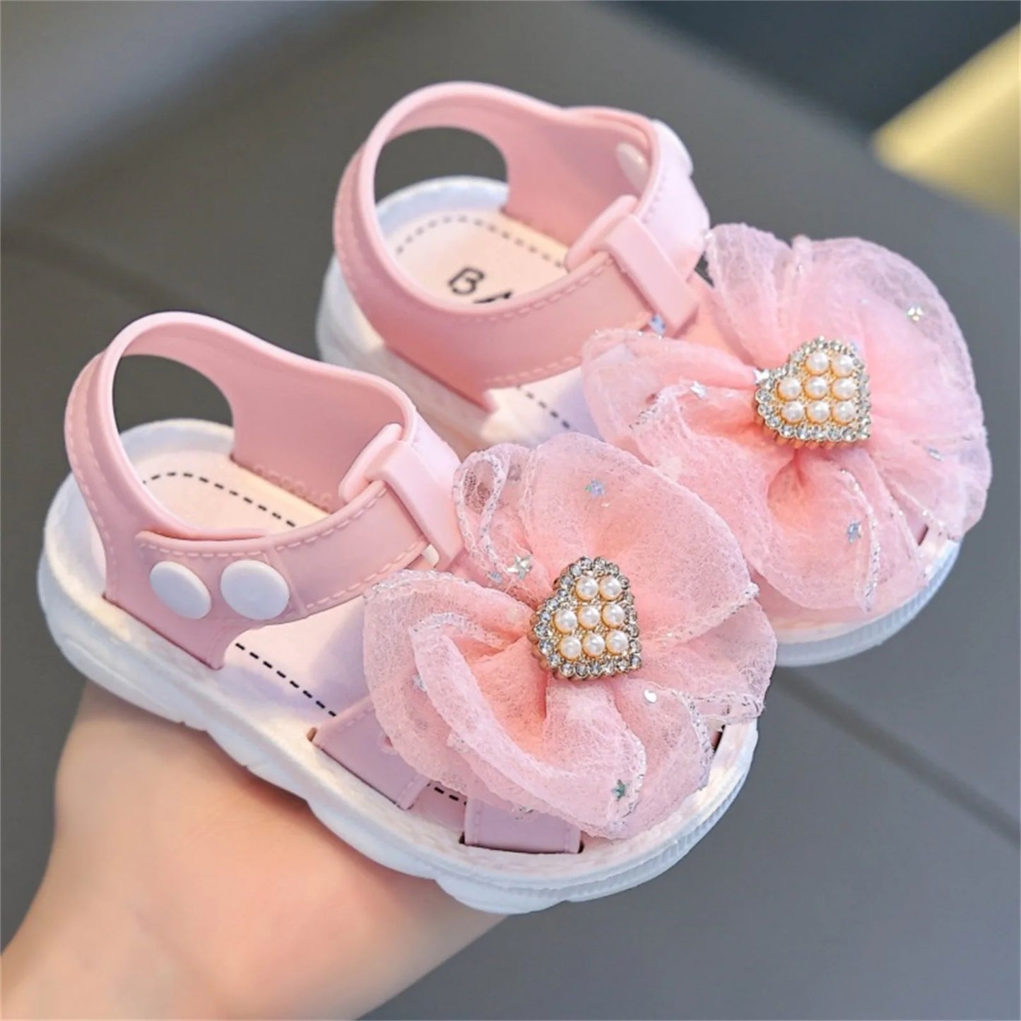 Toddler Girl Sparkle Glitter Bowknot Sandals with Rhinestone Pearl Heart Detail Soft Sole Non-Slip Closed Toe Walking Shoes