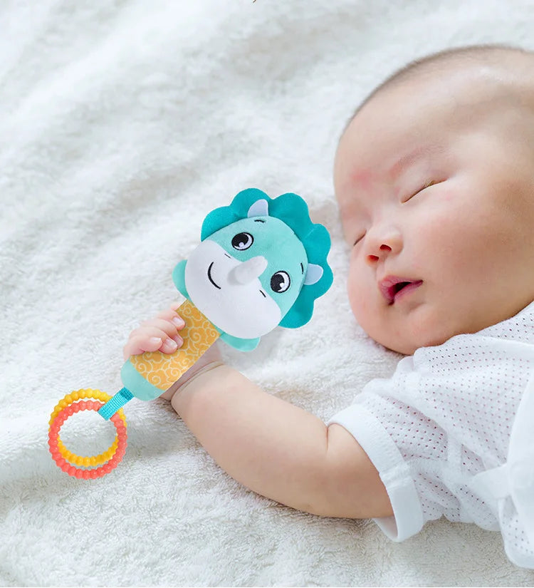 Baby Rattles Toys Soft Hand Crank Cartoon Animal with BB Call Voice Plush Toys Squeaky Sensory Travel Accessories for Toddler