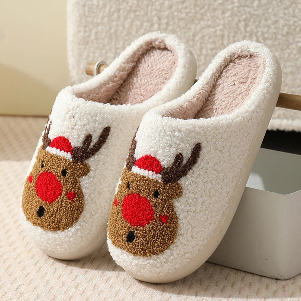 Christmas Deer Slippers Winter Platform Shoes Anti Slip Women Men Slip-On Comfy House Slippers Plush Warm Slipper for Winter