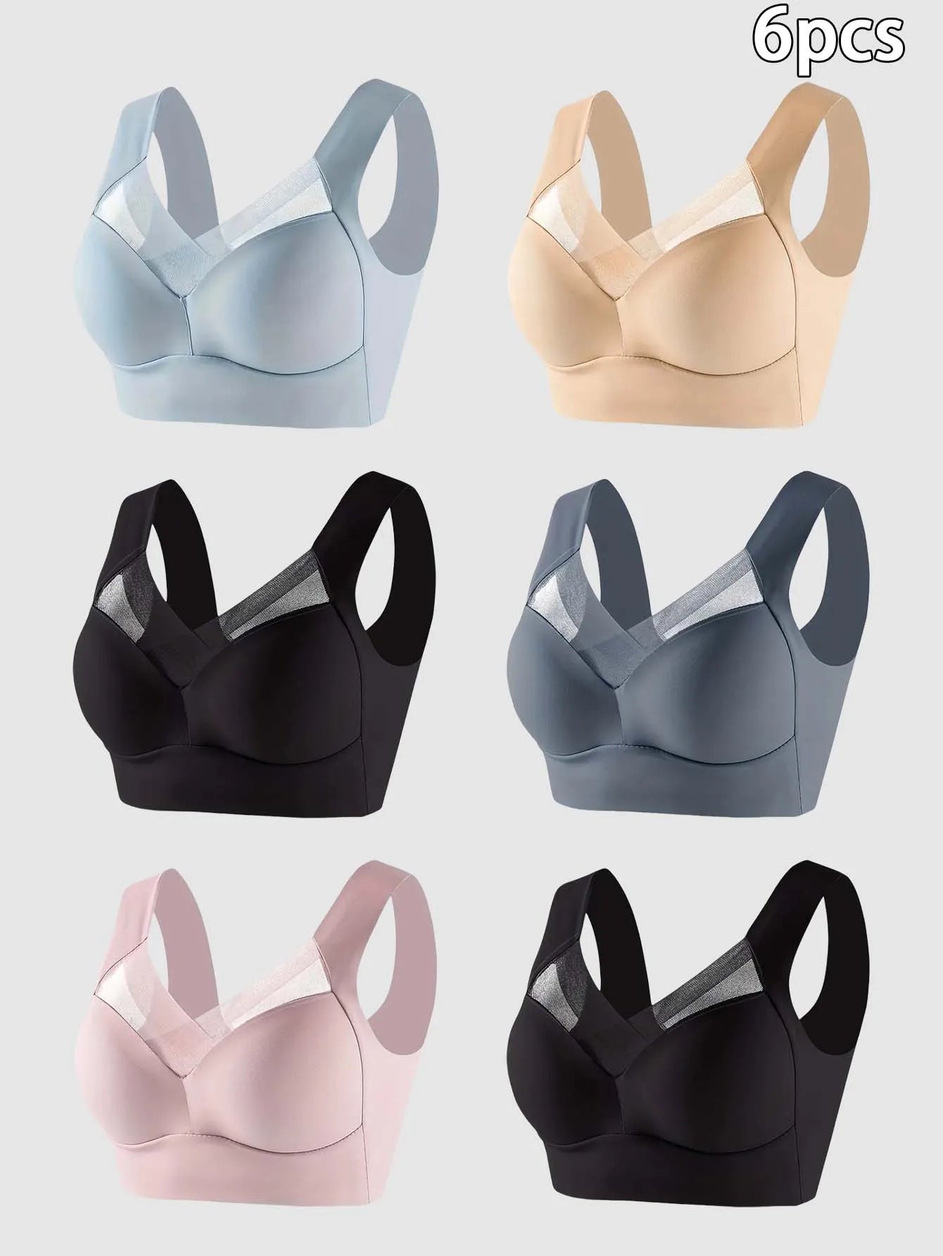 6 pieces of women's plus size wireless sports bra, high elasticity and slim shaping cup - no steel rim, side breast coverage, ga