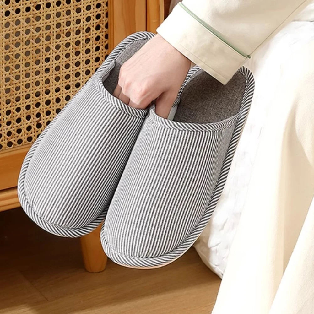 ZHIDA Spring and Autumn Cotton Slippers Indoor Slippers Warm Plush Home Shoes Linen Non-slip Mute Flats Couple House Slides