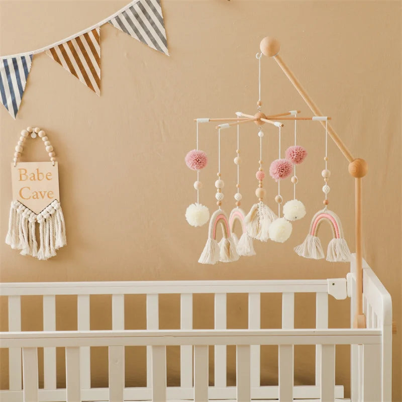 Baby Rattle Wooden Crib Mobile Bed Bell Toys Soft Felt Forest Animal Doll Toy Kid Stroller Comfort Crib Hanging Bracket Toy Gift