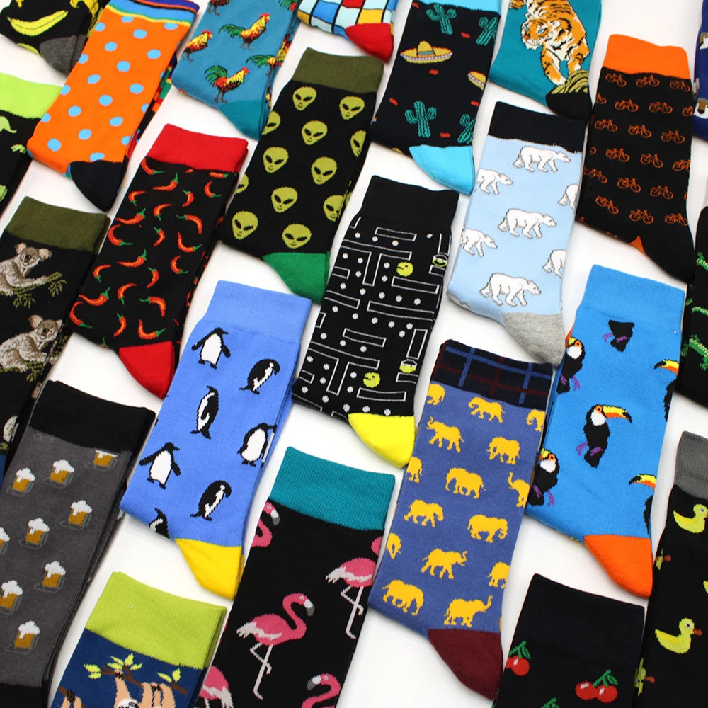 2025 New Hiphop Cotton Men Socks Harajuku Happy Funny animal Flamingo penguin chili Dress Socks for Male Wedding Christmas Gift