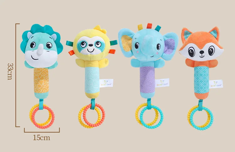 Baby Rattles Toys Soft Hand Crank Cartoon Animal with BB Call Voice Plush Toys Squeaky Sensory Travel Accessories for Toddler