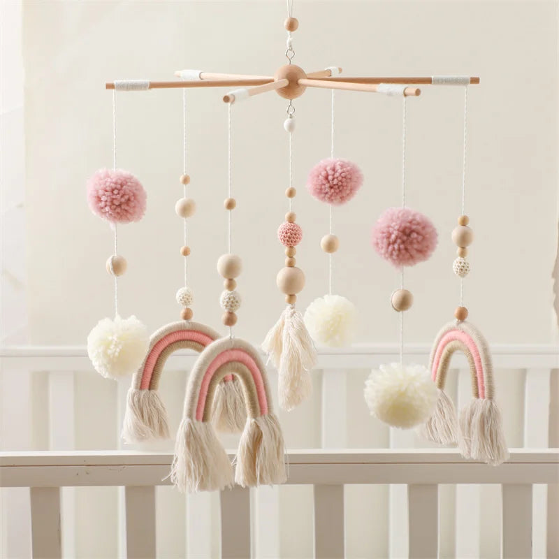 Baby Rattle Wooden Crib Mobile Bed Bell Toys Soft Felt Forest Animal Doll Toy Kid Stroller Comfort Crib Hanging Bracket Toy Gift