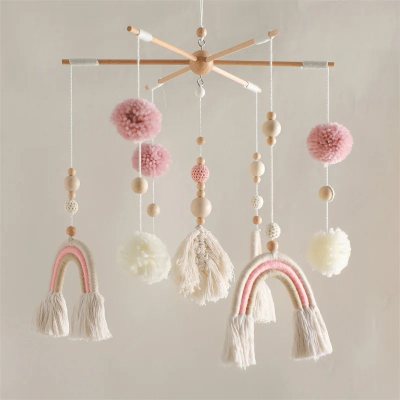 Baby Rattle Wooden Crib Mobile Bed Bell Toys Soft Felt Forest Animal Doll Toy Kid Stroller Comfort Crib Hanging Bracket Toy Gift
