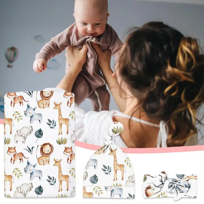 Baby Swaddle Receiving Blankets Baby Girl Swaddle Blanket Headband Kit Printed Pattern Swaddling Blankets For Baby Shower