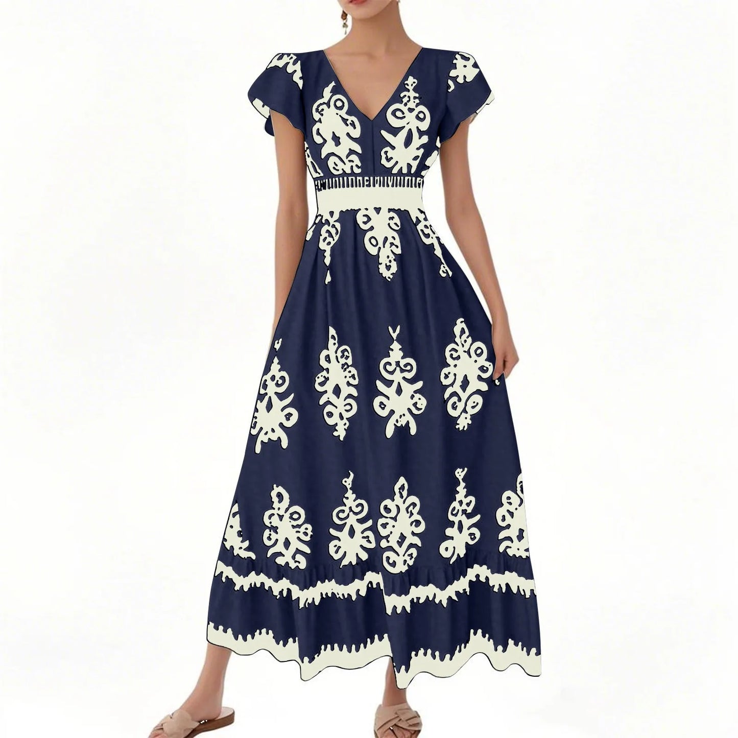 Fashion Sleeveless Maxi Boho Dress Women 2025 Summer Print Waist Bohemian Elegant Short Sleeve Dresses For Women Robe Femme