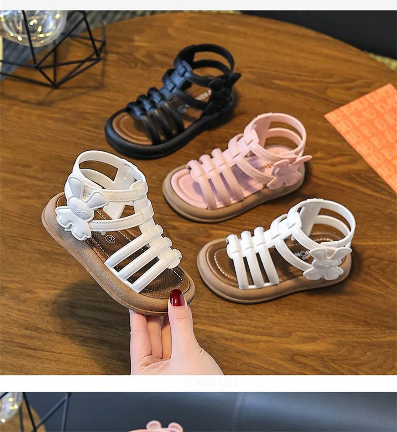 2025 New Children Sandals Girls Kids Roman Sandal Summer Soft Flat Heels High-top Beach Princess Fashion Cartoon Shoes Side Zip