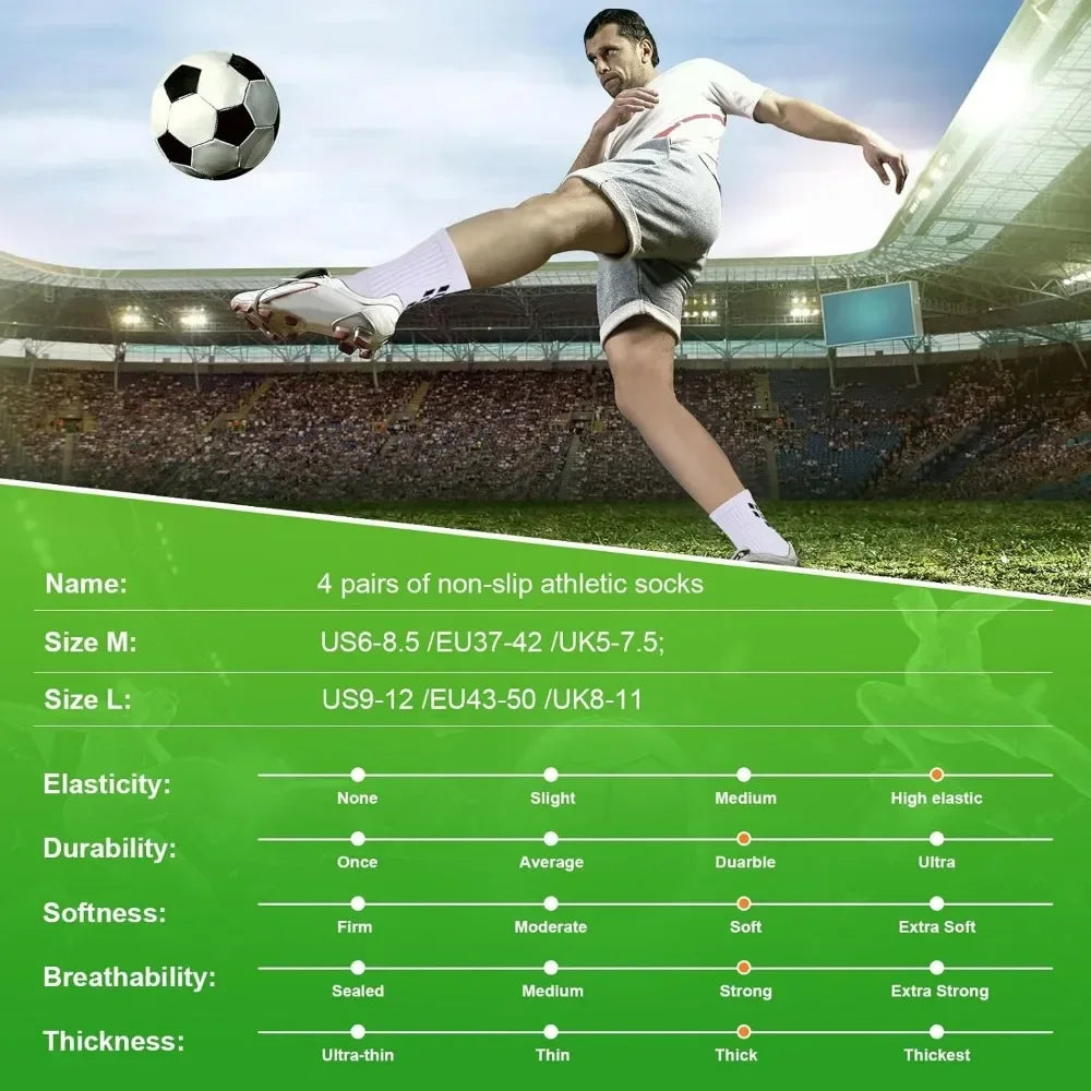 4 Pairs Non-slip Soccer Sports Socks Grip Football Basketball Socks Men Women 6-8.5 9-12