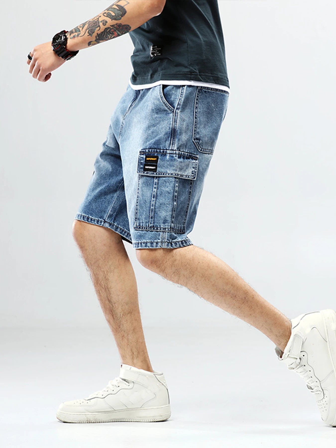 Men`s Street vacation shopping Hip Hop Dating Denim School Cargo Shorts Jeans with Multi Pockets