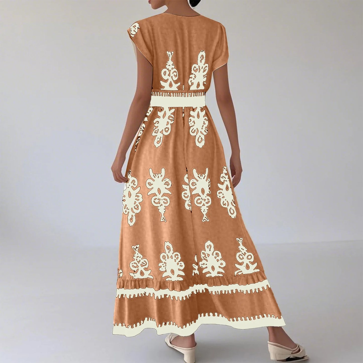 Fashion Sleeveless Maxi Boho Dress Women 2025 Summer Print Waist Bohemian Elegant Short Sleeve Dresses For Women Robe Femme