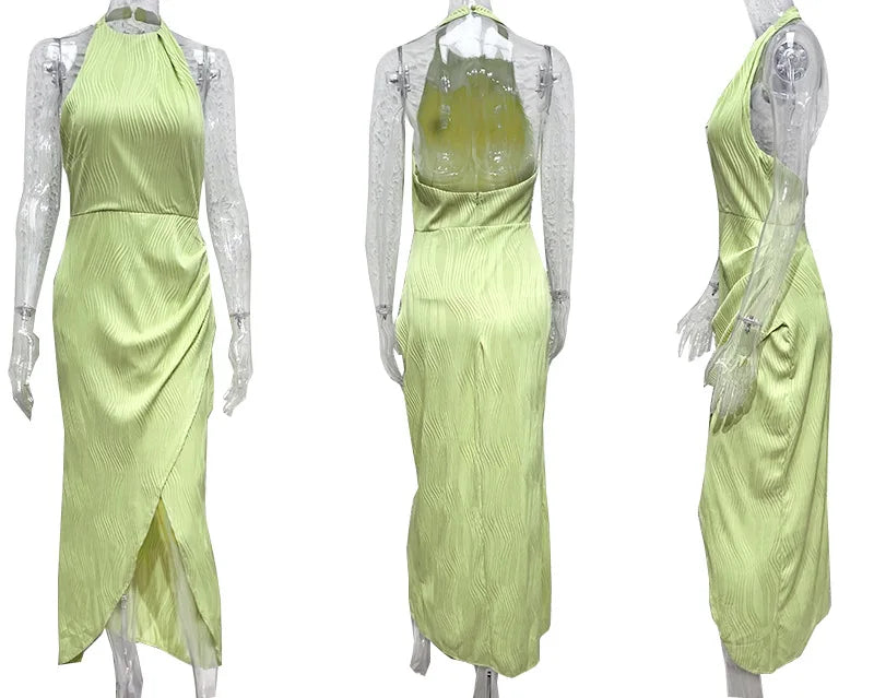 Women's Solid Color Dress Elegant High Waist Halter Backless Long Dress Sexy Slim Fit High Slit Evening Gown Dress 2024 New