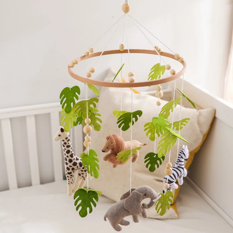Baby Rattle Wooden Crib Mobile Bed Bell Toys Soft Felt Forest Animal Doll Toy Kid Stroller Comfort Crib Hanging Bracket Toy Gift