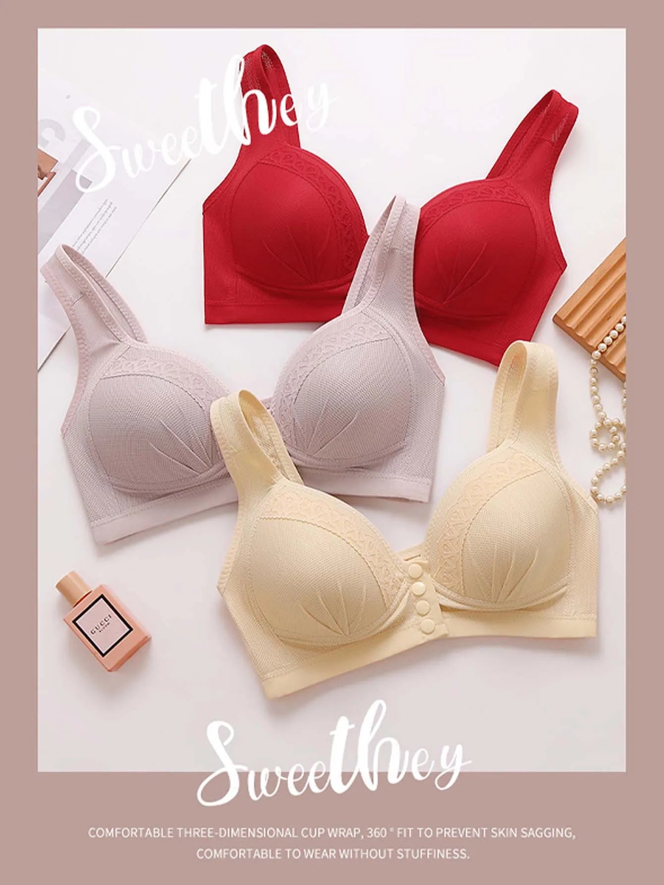 4 pieces of breathable light beige front - closure bras, charming ladies' front - closure bras, front - closure bras.
