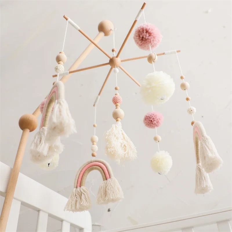 Baby Rattle Wooden Crib Mobile Bed Bell Toys Soft Felt Forest Animal Doll Toy Kid Stroller Comfort Crib Hanging Bracket Toy Gift