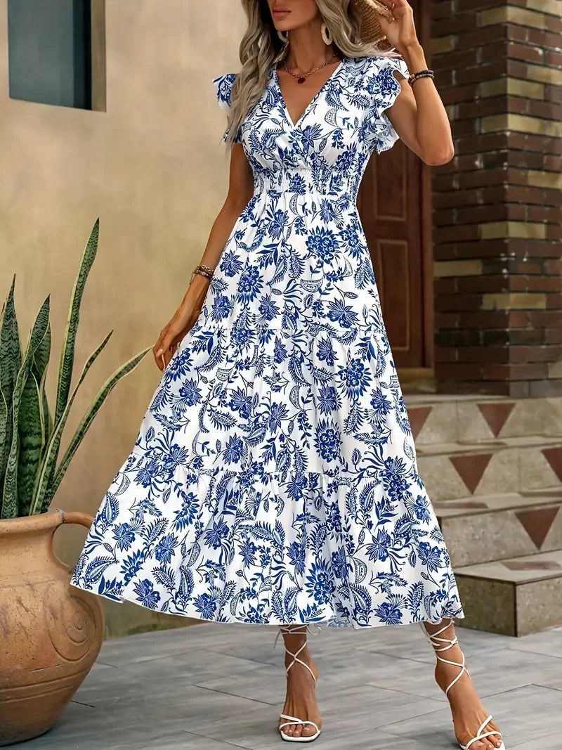 Fashion Floral Skirt for Famale Casual V-neck Sleeveless Ruffles Tighten The Waist Slimming Elegant Bohemian Floral Womens Dress