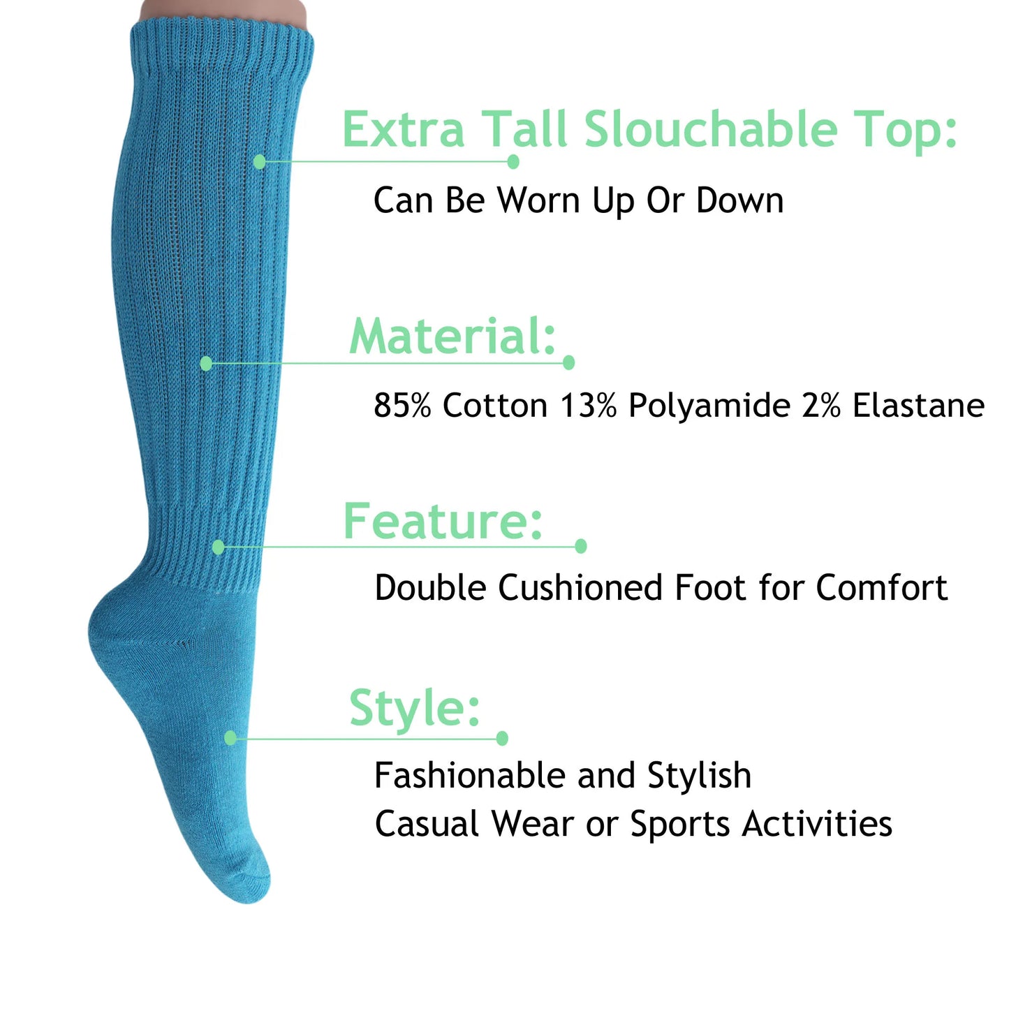Turquoise Slouch Socks for Women 1 Pair Scrunch Calf Socks Shoe Size 5 to 10