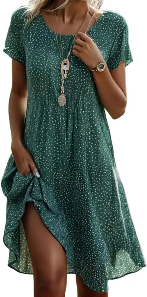 Women's Chic Green Polka Dot Printed Mini Dress Classic Round Neck Short Sleeve Loose Spring Summer Casual Dress