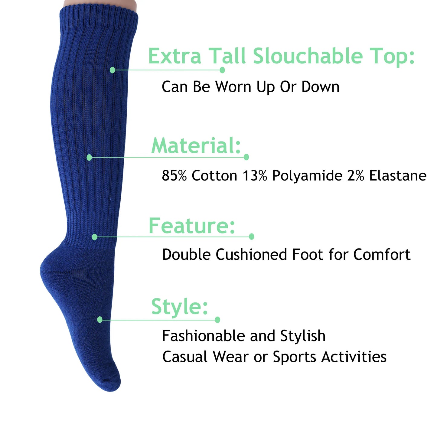 2 Pairs Royal Blue Slouchy Scrunch Cotton Slouch Socks for Women Shoe Size 5 to 10