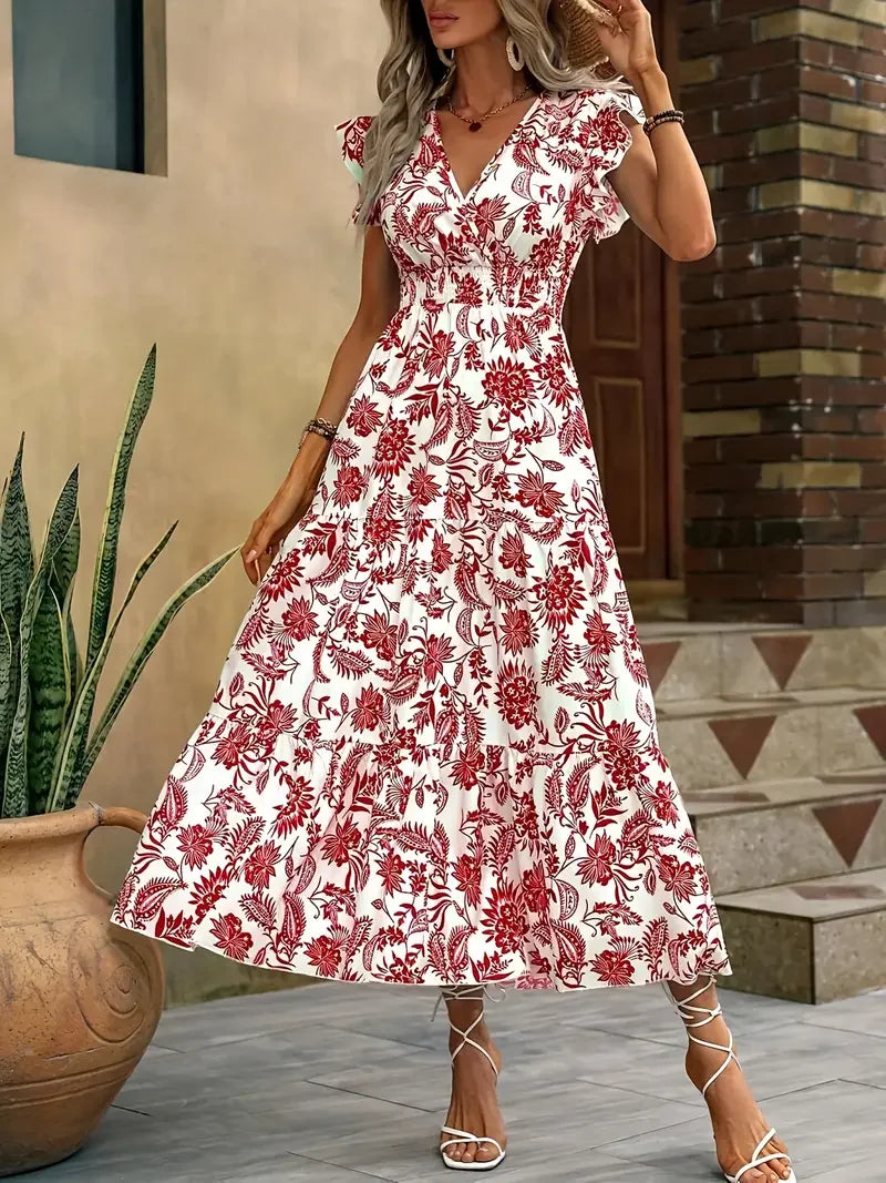 Fashion Floral Skirt for Famale Casual V-neck Sleeveless Ruffles Tighten The Waist Slimming Elegant Bohemian Floral Womens Dress